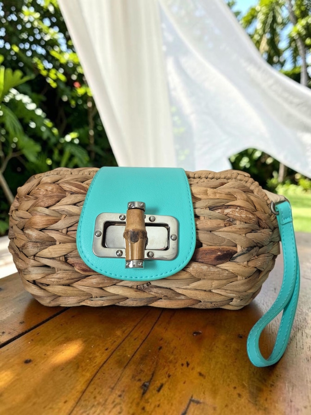 CATO Woven Straw Clutch with Turquoise Trim